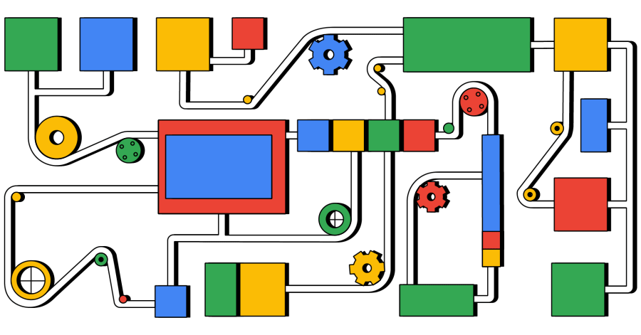 An animation of a machine with Google-esque colors with text saying "Ad loading"